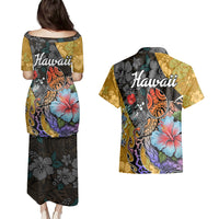 Hawaii Polynesian Couples Matching Puletasi Dress and Hawaiian Shirt Turtles and Hibiscus Flower Gradient Pattern TS04 - Polynesian Pride