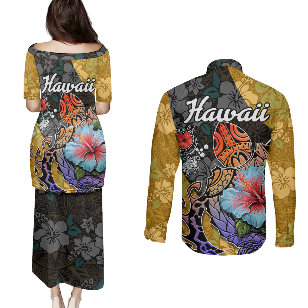 Hawaii Polynesian Couples Matching Puletasi Dress and Long Sleeve Button Shirts Turtles and Hibiscus Flower Gradient Pattern TS04 - Polynesian Pride