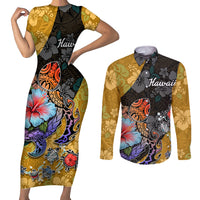 Hawaii Polynesian Couples Matching Short Sleeve Bodycon Dress and Long Sleeve Button Shirts Turtles and Hibiscus Flower Gradient Pattern TS04 Multicolor - Polynesian Pride