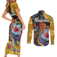 Hawaii Polynesian Couples Matching Short Sleeve Bodycon Dress and Long Sleeve Button Shirts Turtles and Hibiscus Flower Gradient Pattern TS04 - Polynesian Pride
