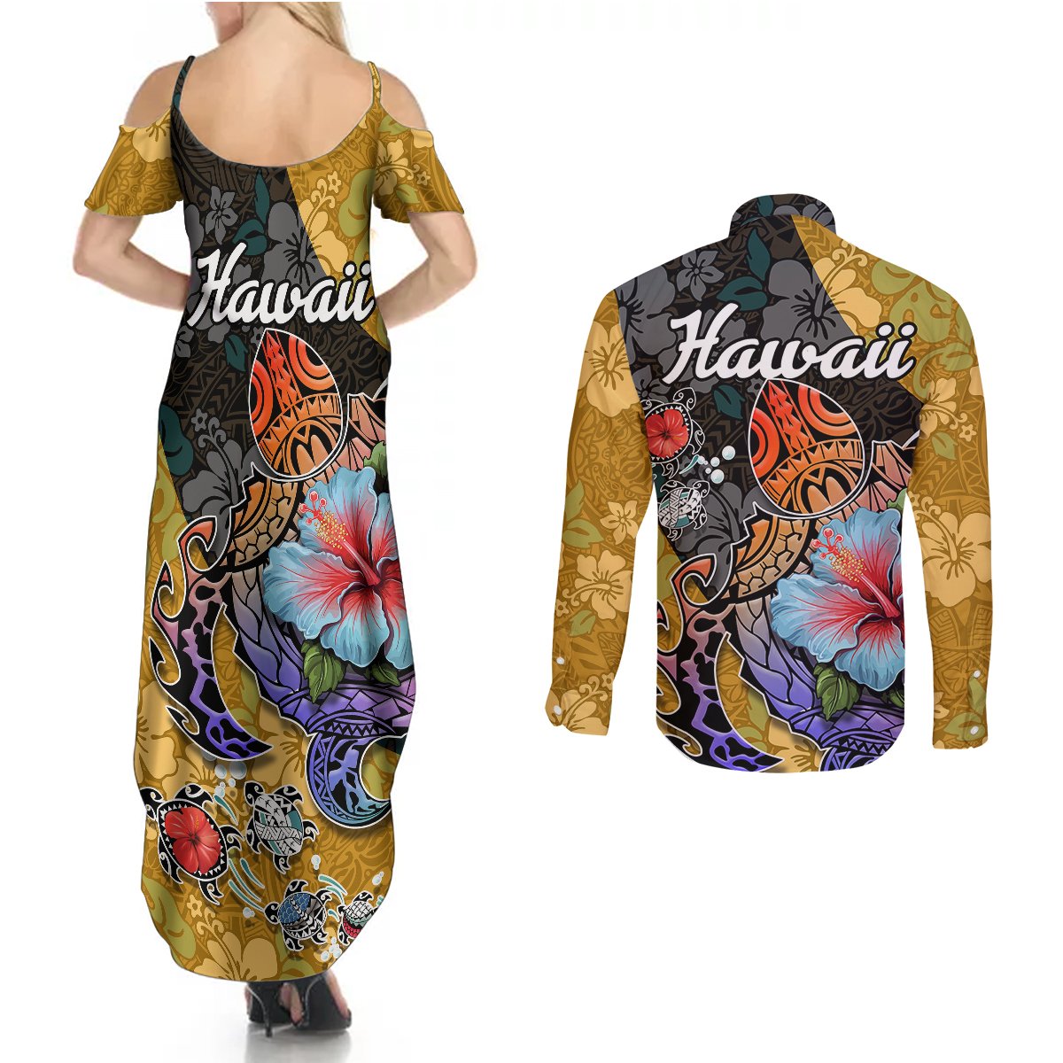 Hawaii Polynesian Couples Matching Summer Maxi Dress and Long Sleeve Button Shirts Turtles and Hibiscus Flower Gradient Pattern TS04 - Polynesian Pride