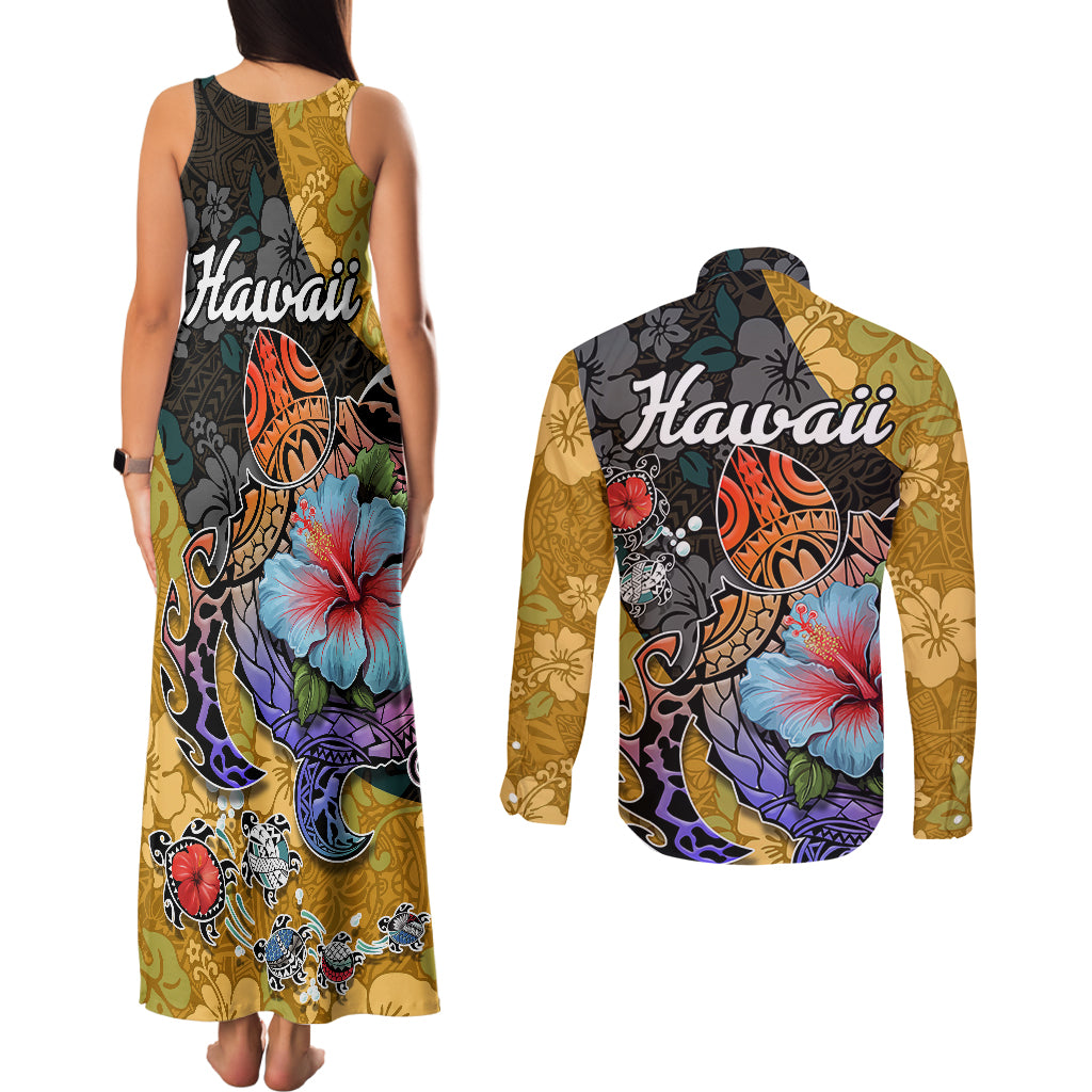 Hawaii Polynesian Couples Matching Tank Maxi Dress and Long Sleeve Button Shirts Turtles and Hibiscus Flower Gradient Pattern TS04 - Polynesian Pride