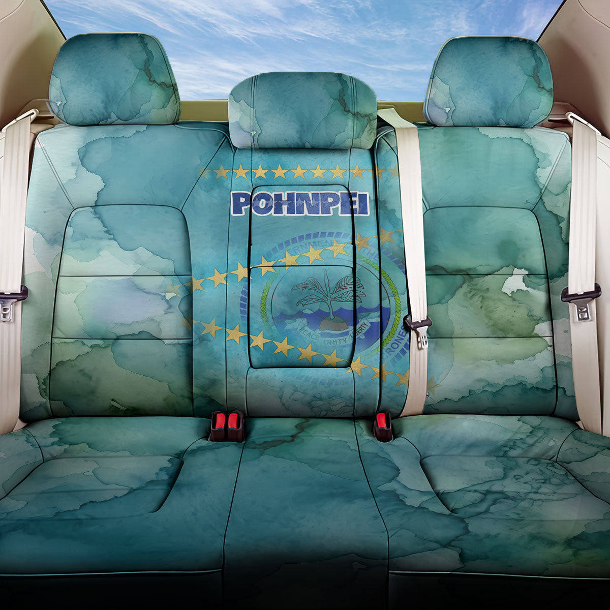 Pohnpei Federated States Of Micronesia Back Car Seat Cover Watercolor Heritage Graphic Art With State Seal And Tropical Stars TS04 One Size Blue Green - Polynesian Pride