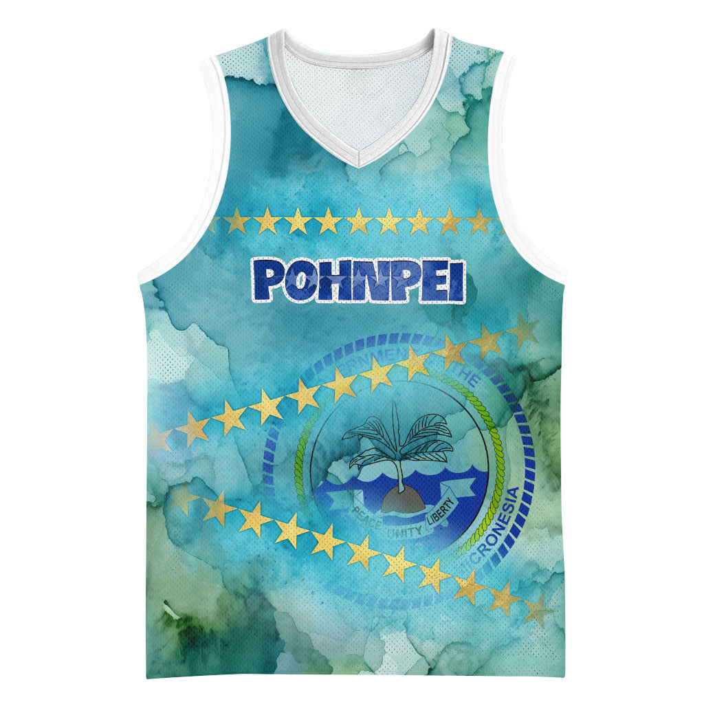 Pohnpei Federated States Of Micronesia Basketball Jersey Watercolor Heritage Graphic Art With State Seal And Tropical Stars TS04 Unisex Blue Green - Polynesian Pride