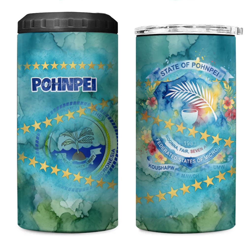Pohnpei Federated States Of Micronesia 4 in 1 Can Cooler Tumbler Watercolor Heritage Graphic Art With State Seal And Tropical Stars TS04 One Size: 16 oz Blue Green - Polynesian Pride