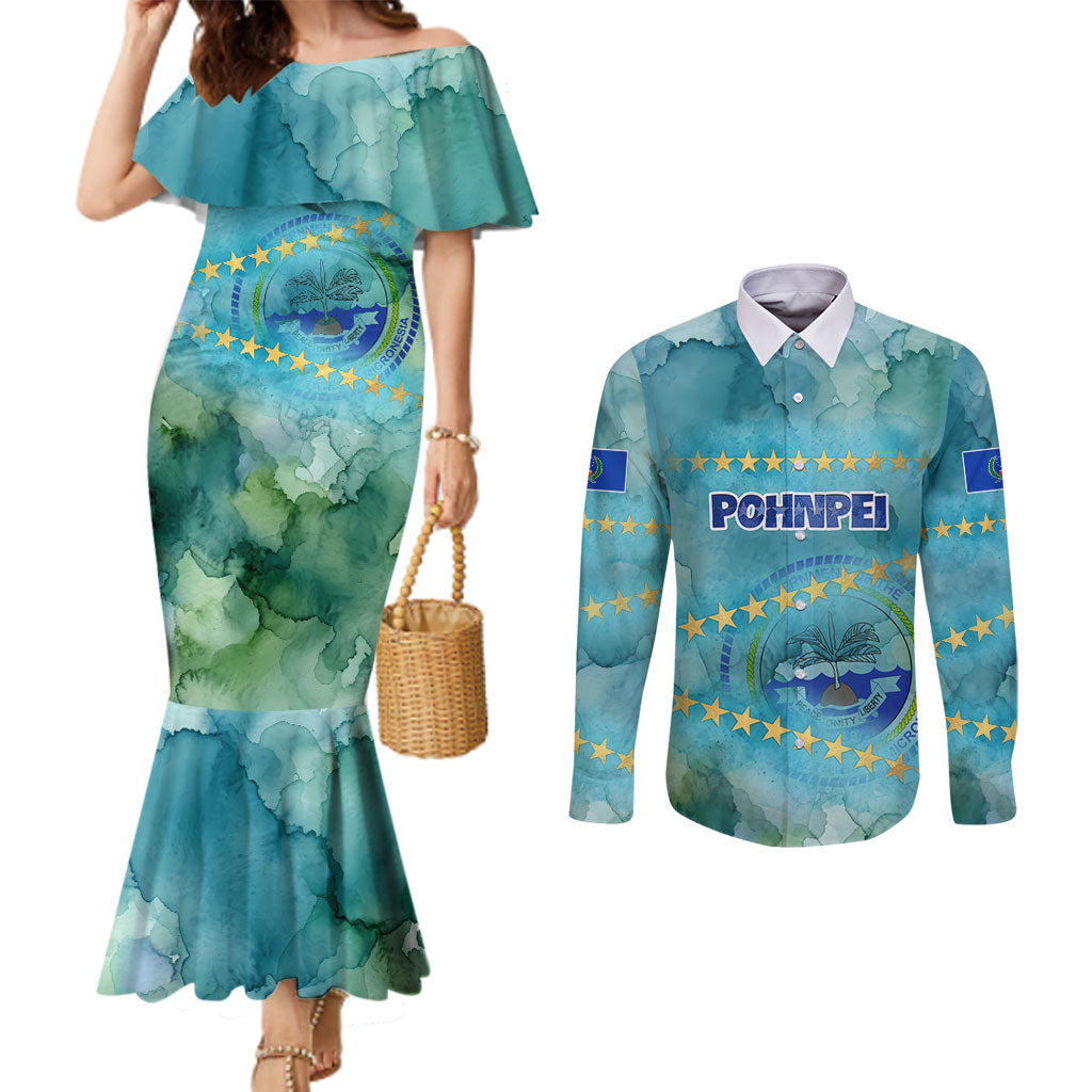 Pohnpei Federated States Of Micronesia Couples Matching Mermaid Dress and Long Sleeve Button Shirt Watercolor Heritage Graphic Art With State Seal And Tropical Stars TS04 Blue Green - Polynesian Pride