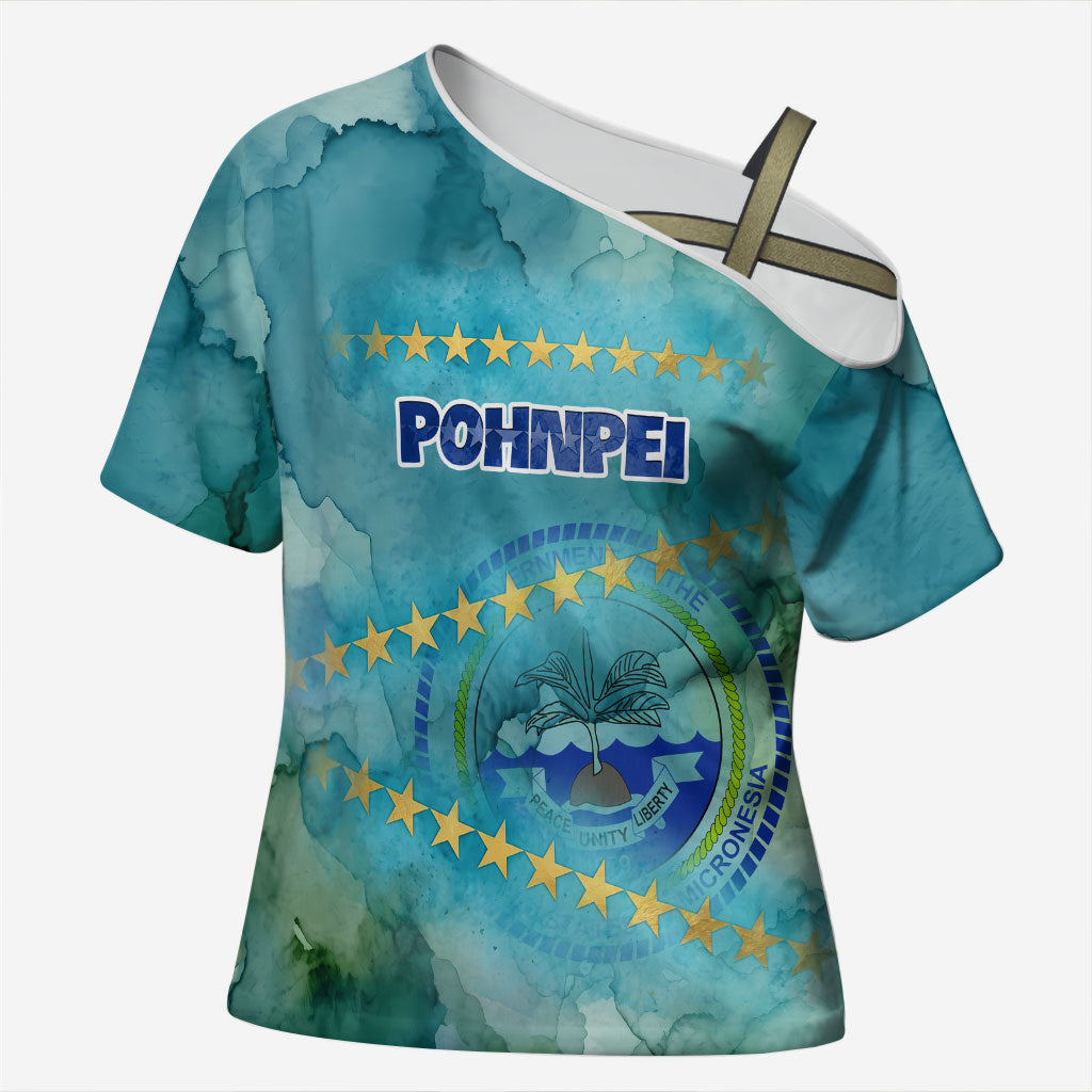 Pohnpei Federated States Of Micronesia Cross Shoulder Shirt Watercolor Heritage Graphic Art With State Seal And Tropical Stars TS04 Female Blue Green - Polynesian Pride