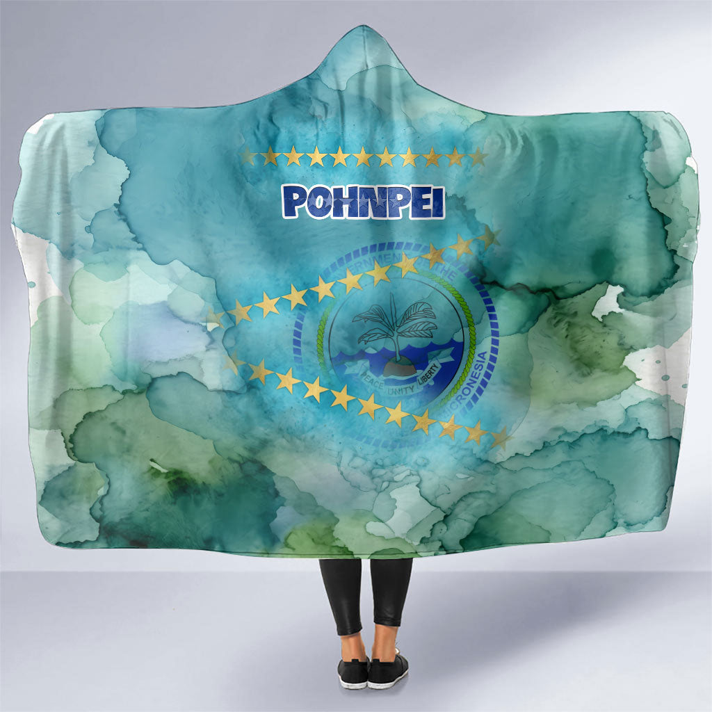 Pohnpei Federated States Of Micronesia Hooded Blanket Watercolor Heritage Graphic Art With State Seal And Tropical Stars TS04 One Size Blue Green - Polynesian Pride