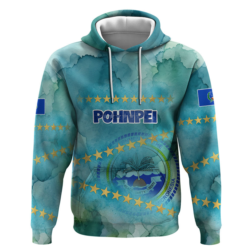 Pohnpei Federated States Of Micronesia Hoodie Watercolor Heritage Graphic Art With State Seal And Tropical Stars TS04 Pullover Hoodie Blue Green - Polynesian Pride