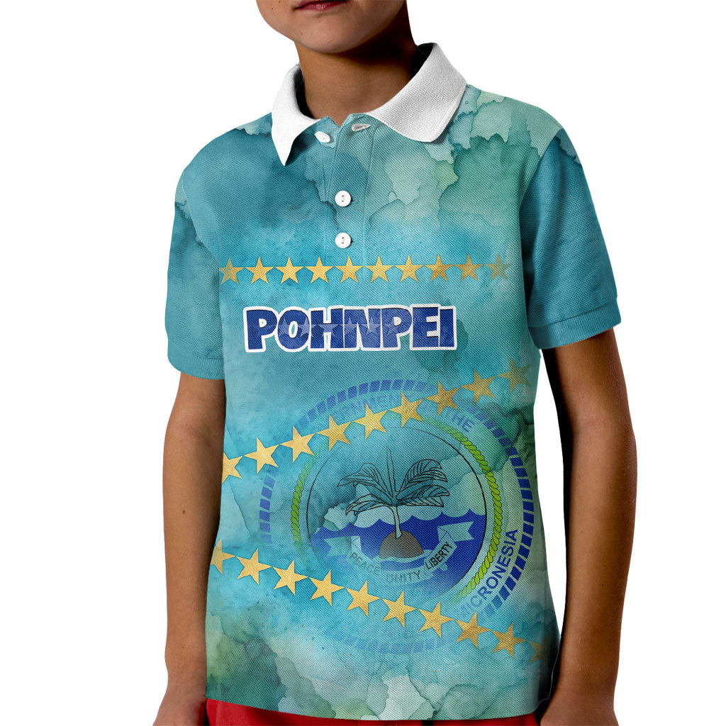Pohnpei Federated States Of Micronesia Kid Polo Shirt Watercolor Heritage Graphic Art With State Seal And Tropical Stars TS04 Kid Blue Green - Polynesian Pride