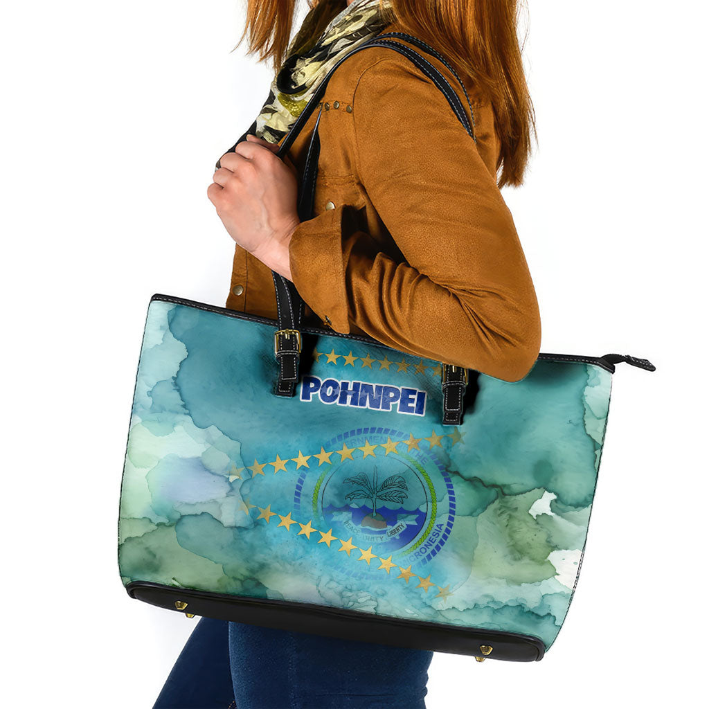 Pohnpei Federated States Of Micronesia Leather Tote Bag Watercolor Heritage Graphic Art With State Seal And Tropical Stars TS04 Blue Green - Polynesian Pride