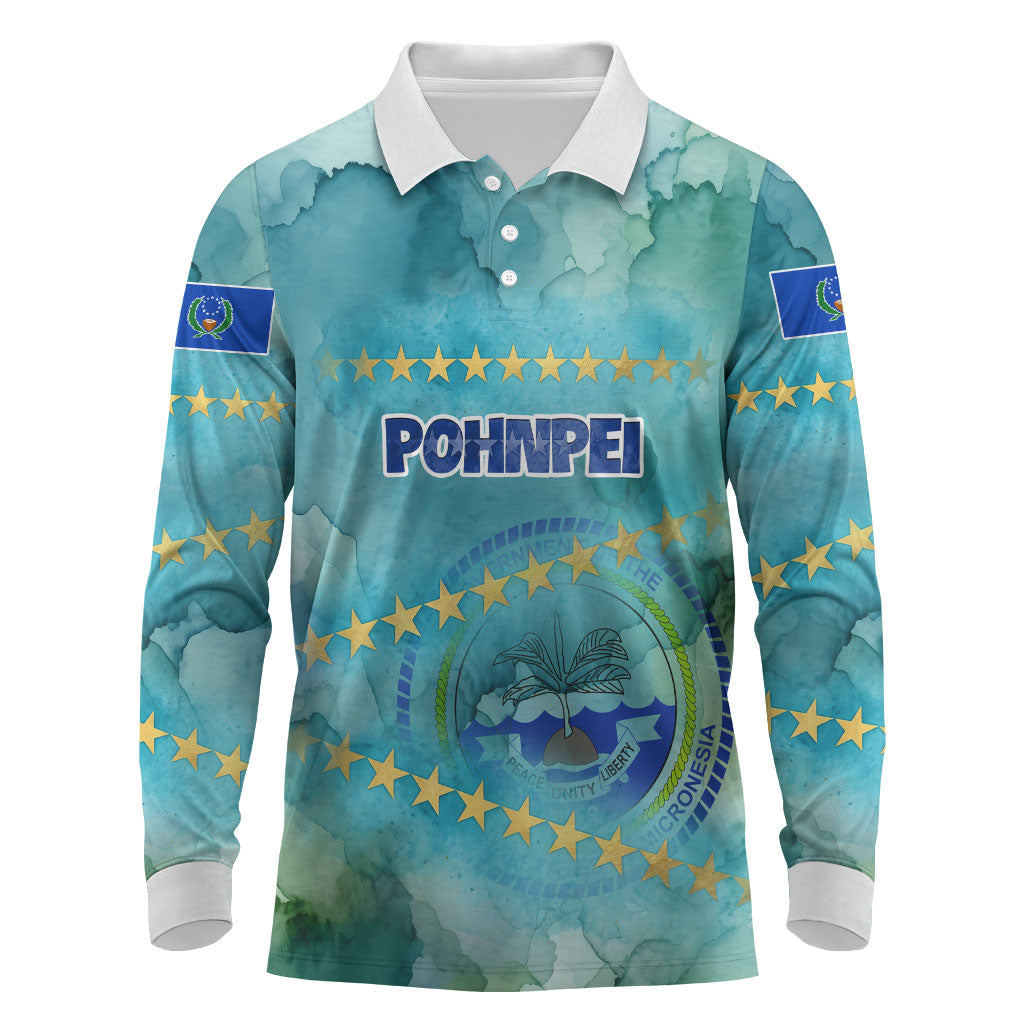 Pohnpei Federated States Of Micronesia Long Sleeve Polo Shirt Watercolor Heritage Graphic Art With State Seal And Tropical Stars TS04 Blue Green - Polynesian Pride