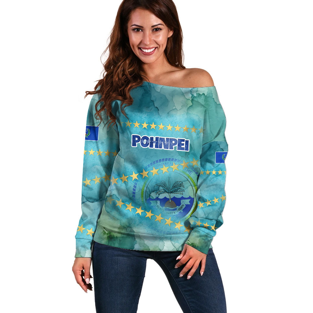 Pohnpei Federated States Of Micronesia Off Shoulder Sweater Watercolor Heritage Graphic Art With State Seal And Tropical Stars TS04 Women Blue Green - Polynesian Pride