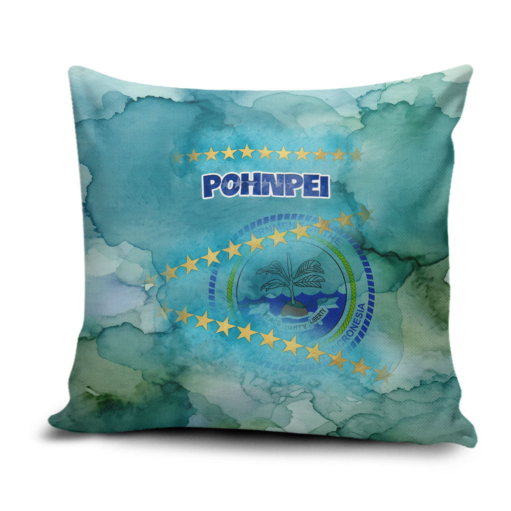 Pohnpei Federated States Of Micronesia Pillow Cover Watercolor Heritage Graphic Art With State Seal And Tropical Stars TS04 Blue Green - Polynesian Pride