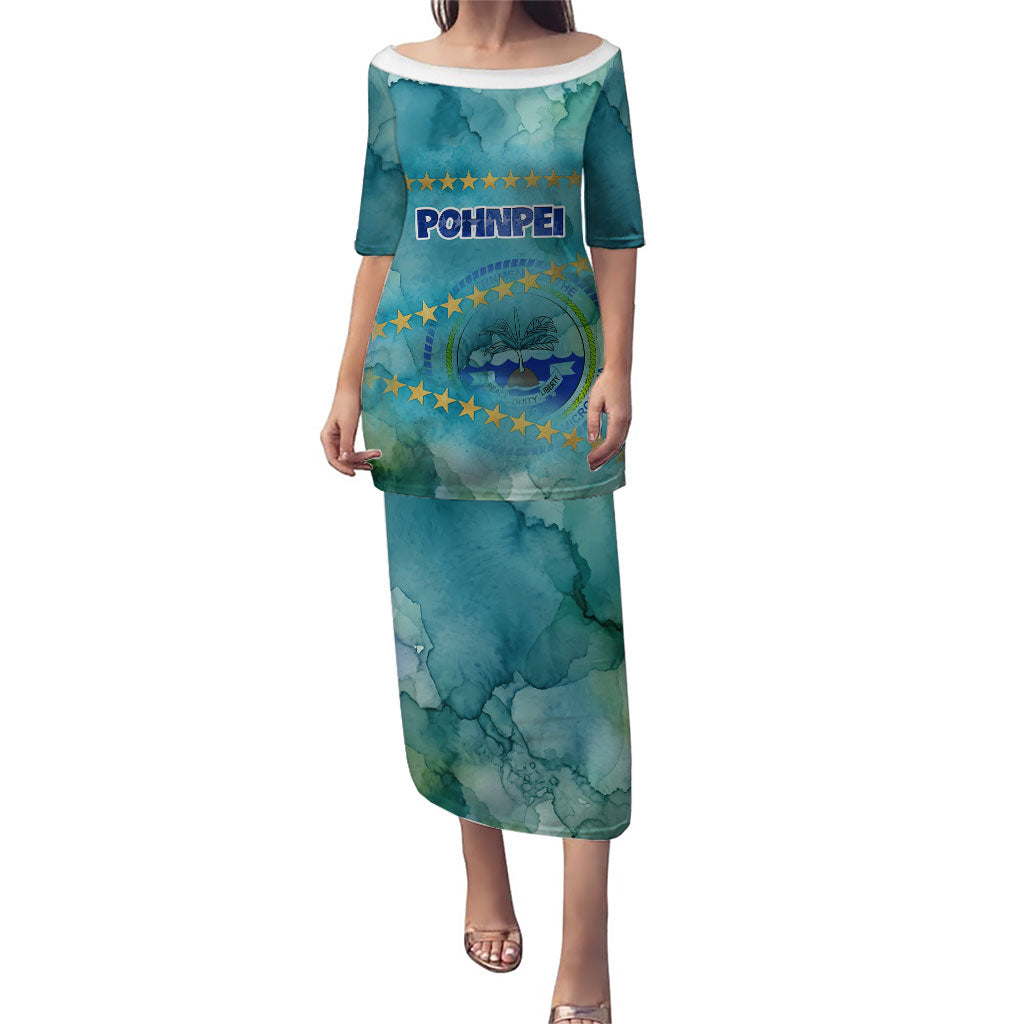 Pohnpei Federated States Of Micronesia Puletasi Watercolor Heritage Graphic Art With State Seal And Tropical Stars TS04 Long Dress Blue Green - Polynesian Pride