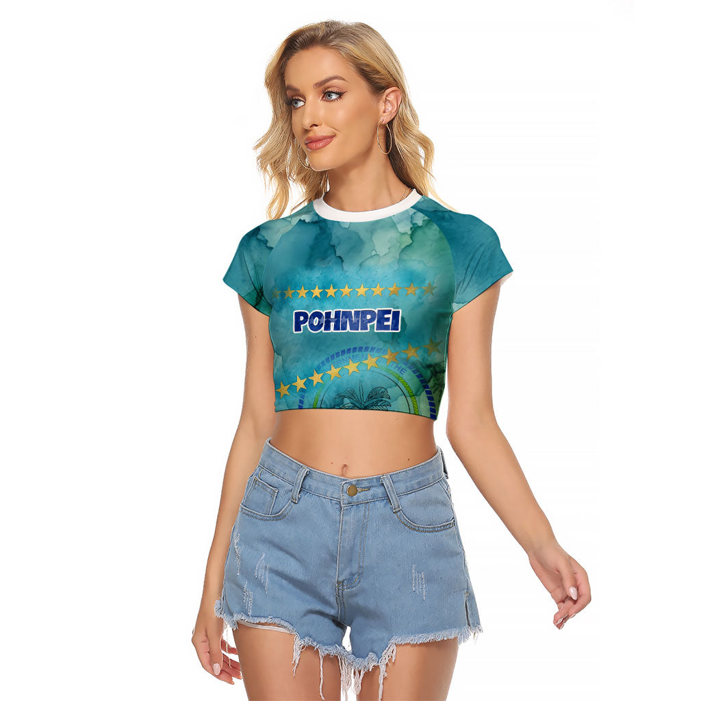 Pohnpei Federated States Of Micronesia Raglan Cropped T Shirt Watercolor Heritage Graphic Art With State Seal And Tropical Stars TS04 Female Blue Green - Polynesian Pride