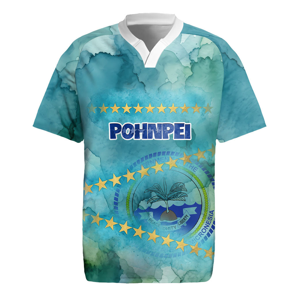 Pohnpei Federated States Of Micronesia Rugby Jersey Watercolor Heritage Graphic Art With State Seal And Tropical Stars TS04 Blue Green - Polynesian Pride