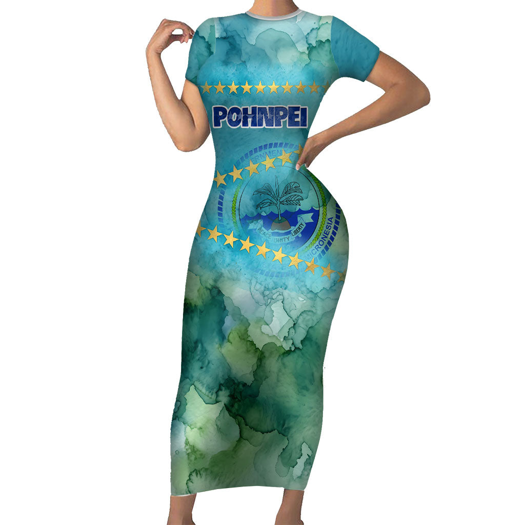 Pohnpei Federated States Of Micronesia Short Sleeve Bodycon Dress Watercolor Heritage Graphic Art With State Seal And Tropical Stars TS04 Long Dress Blue Green - Polynesian Pride