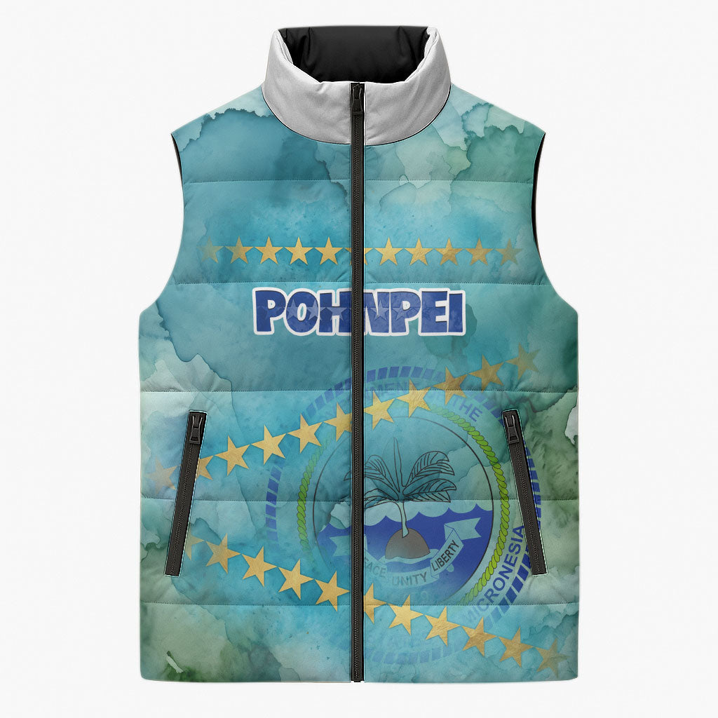 Pohnpei Federated States Of Micronesia Sleeveless Puffer Jacket Watercolor Heritage Graphic Art With State Seal And Tropical Stars TS04 Unisex Blue Green - Polynesian Pride