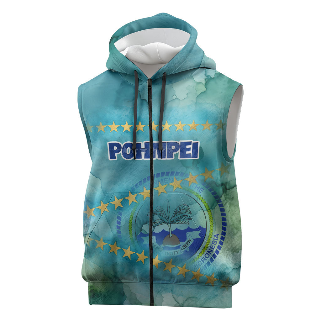 Pohnpei Federated States Of Micronesia Sleeveless Zip Hoodie Watercolor Heritage Graphic Art With State Seal And Tropical Stars TS04 Blue Green - Polynesian Pride