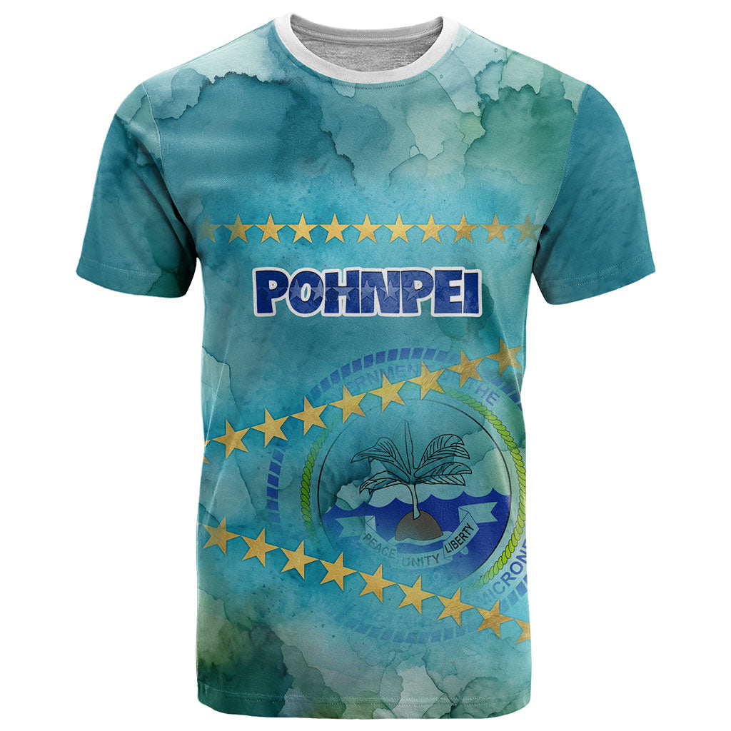 Pohnpei Federated States Of Micronesia T Shirt Watercolor Heritage Graphic Art With State Seal And Tropical Stars TS04 Blue Green - Polynesian Pride