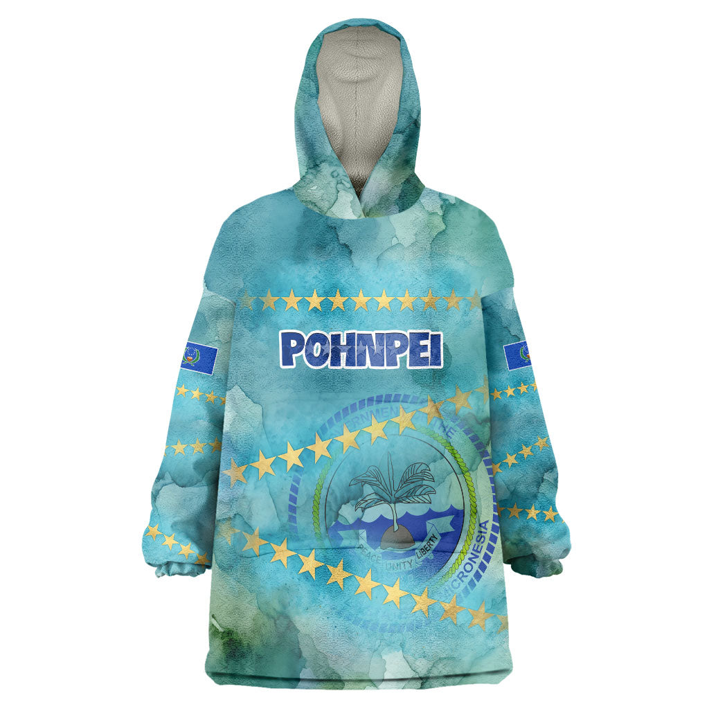 Pohnpei Federated States Of Micronesia Wearable Blanket Hoodie Watercolor Heritage Graphic Art With State Seal And Tropical Stars TS04 One Size Blue Green - Polynesian Pride