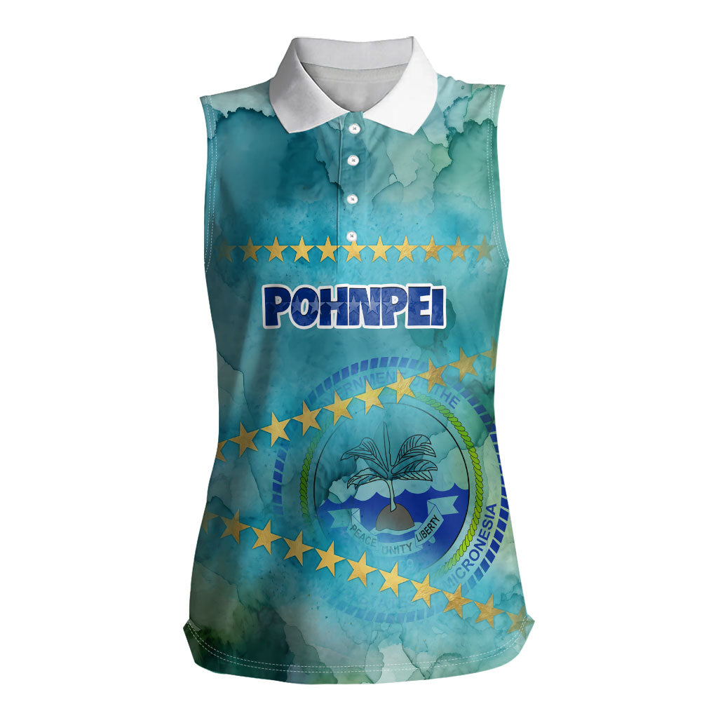 Pohnpei Federated States Of Micronesia Women Sleeveless Polo Shirt Watercolor Heritage Graphic Art With State Seal And Tropical Stars TS04 Female Blue Green - Polynesian Pride