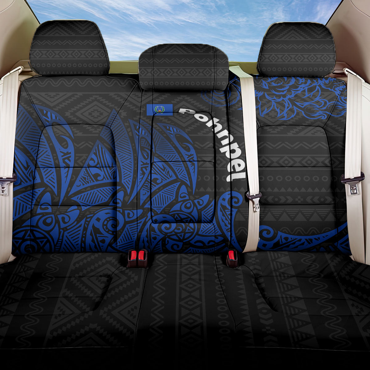 Pohnpei Federated States Of Micronesia Back Car Seat Cover Polynesian Tribal Heritage Art With Blue Island Tattoo Patterns TS04 One Size Black Blue - Polynesian Pride