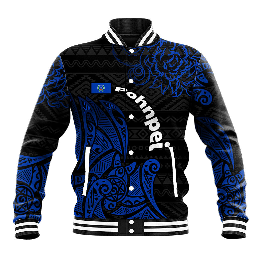 Pohnpei Federated States Of Micronesia Baseball Jacket Polynesian Tribal Heritage Art With Blue Island Tattoo Patterns TS04 Unisex Black Blue - Polynesian Pride