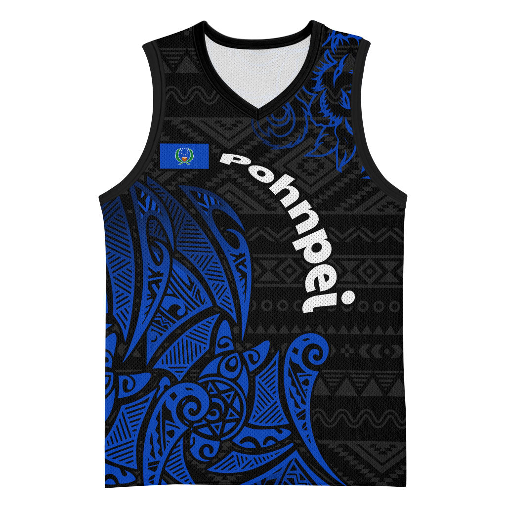 Pohnpei Federated States Of Micronesia Basketball Jersey Polynesian Tribal Heritage Art With Blue Island Tattoo Patterns TS04 Unisex Black Blue - Polynesian Pride