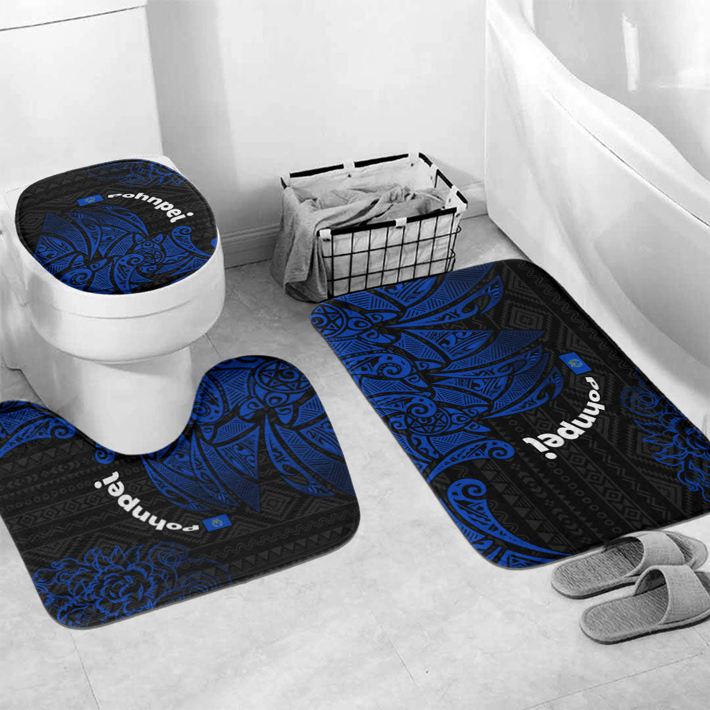 Pohnpei Federated States Of Micronesia Bathroom Set Polynesian Tribal Heritage Art With Blue Island Tattoo Patterns TS04 Mat Set Only (3 pcs) One Size Black Blue - Polynesian Pride