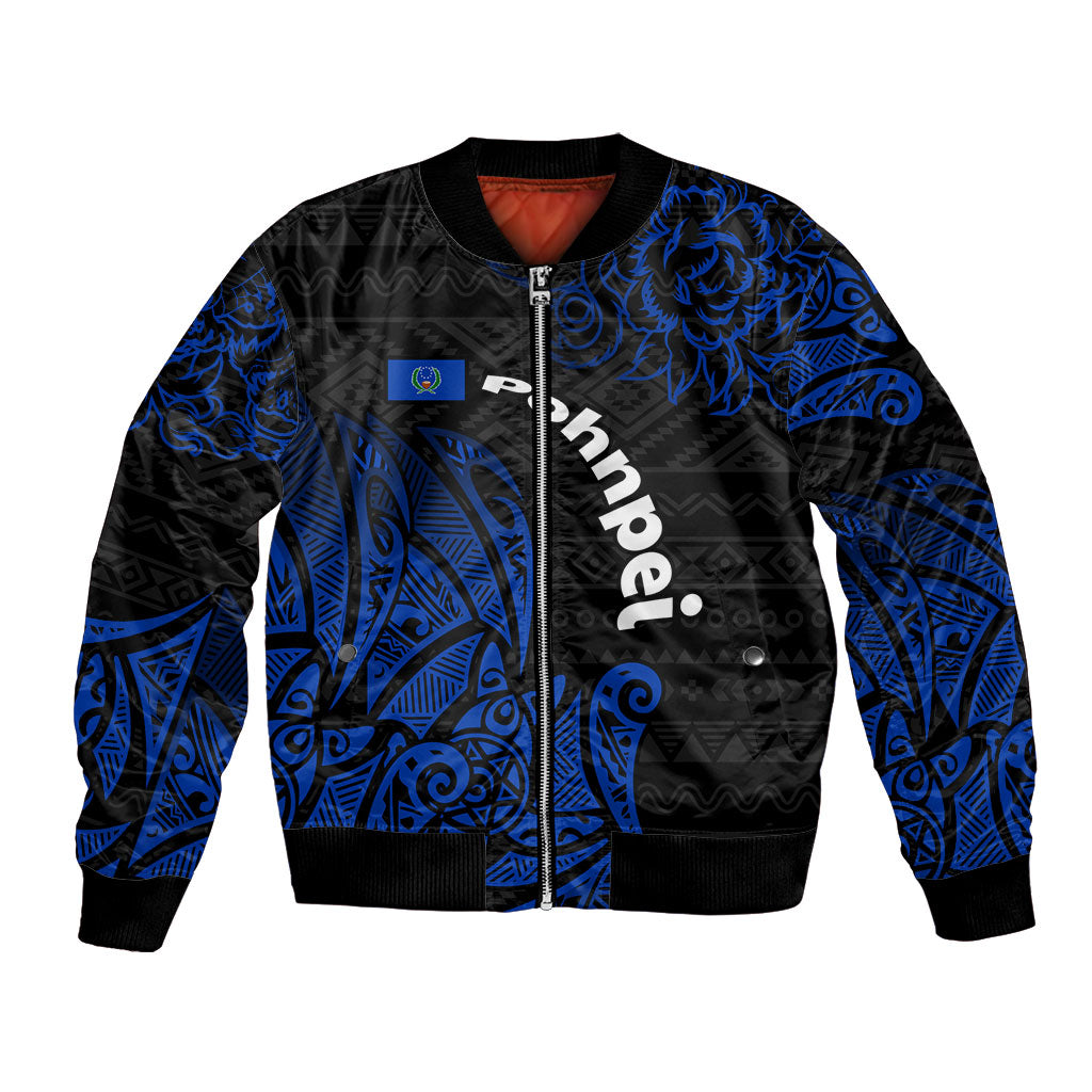 Pohnpei Federated States Of Micronesia Bomber Jacket Polynesian Tribal Heritage Art With Blue Island Tattoo Patterns TS04 Unisex Black Blue - Polynesian Pride