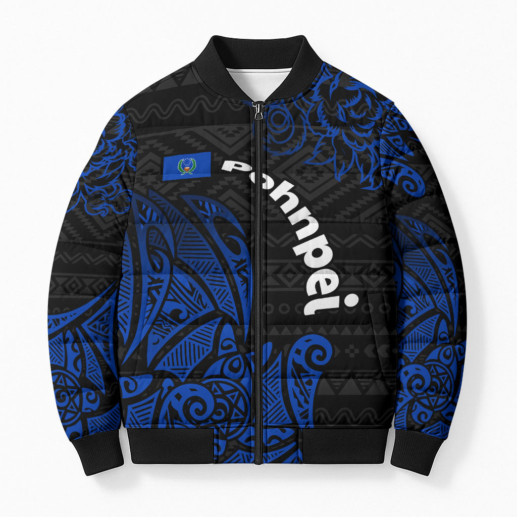 Pohnpei Federated States Of Micronesia Bomber Puffer Jacket Polynesian Tribal Heritage Art With Blue Island Tattoo Patterns TS04 Unisex Black Blue - Polynesian Pride