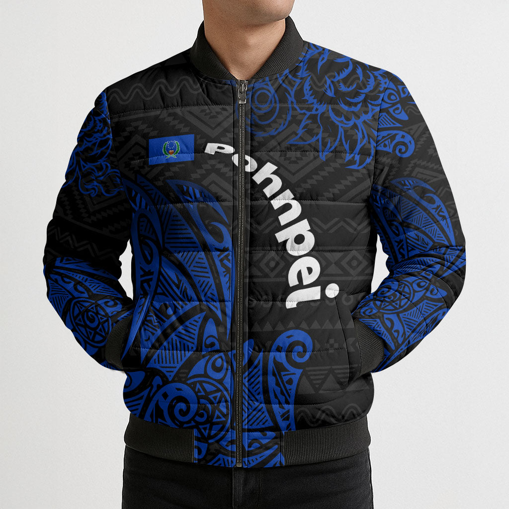 Pohnpei Federated States Of Micronesia Bomber Puffer Jacket Polynesian Tribal Heritage Art With Blue Island Tattoo Patterns TS04 - Polynesian Pride