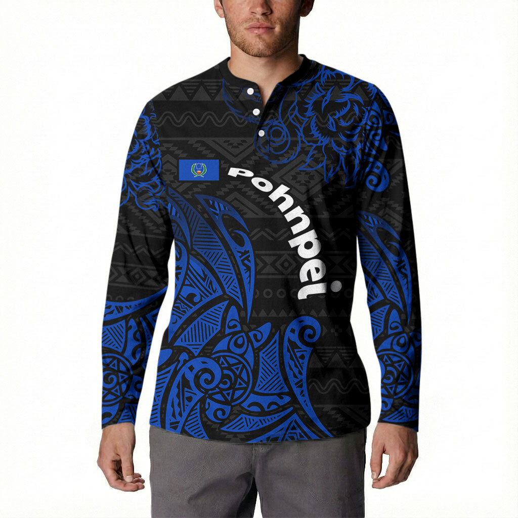 Pohnpei Federated States Of Micronesia Button Sweatshirt Polynesian Tribal Heritage Art With Blue Island Tattoo Patterns TS04 - Polynesian Pride