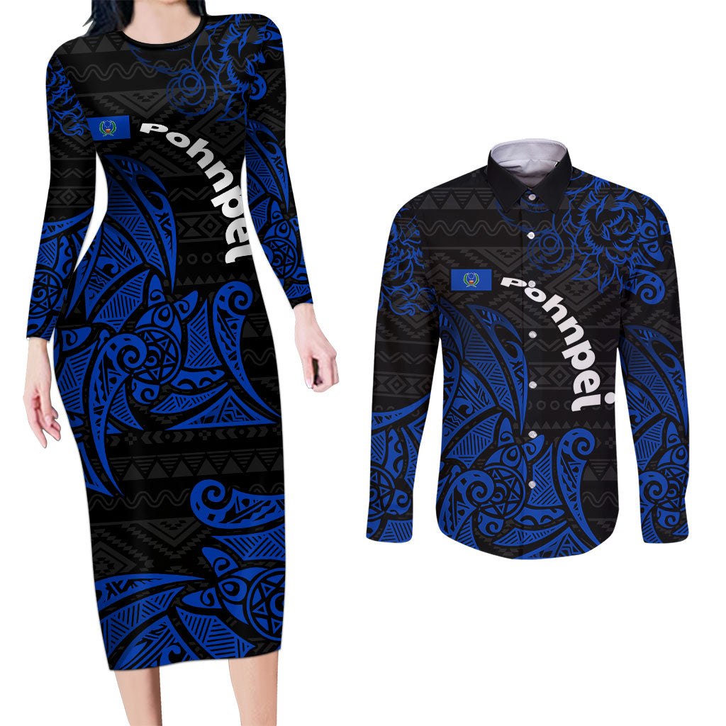 Pohnpei Federated States Of Micronesia Couples Matching Long Sleeve Bodycon Dress and Long Sleeve Button Shirt Polynesian Tribal Heritage Art With Blue Island Tattoo Patterns TS04 Black Blue - Polynesian Pride