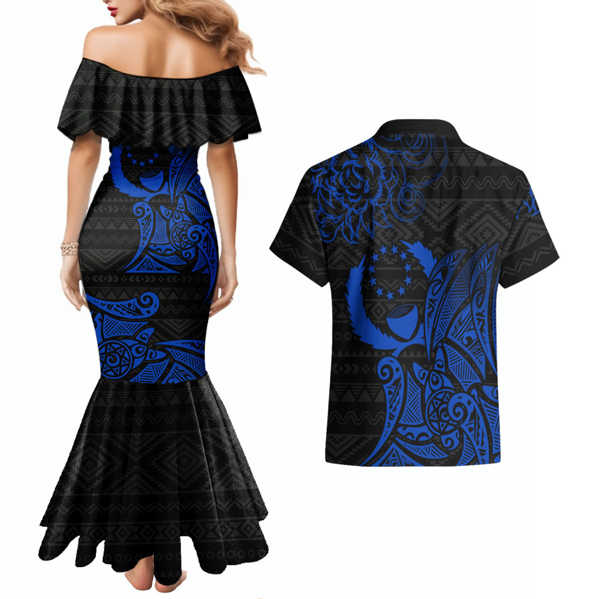 Pohnpei Federated States Of Micronesia Couples Matching Mermaid Dress and Hawaiian Shirt Polynesian Tribal Heritage Art With Blue Island Tattoo Patterns TS04 - Polynesian Pride