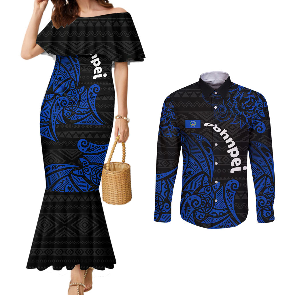 Pohnpei Federated States Of Micronesia Couples Matching Mermaid Dress and Long Sleeve Button Shirt Polynesian Tribal Heritage Art With Blue Island Tattoo Patterns TS04 Black Blue - Polynesian Pride