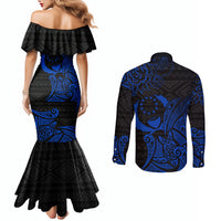Pohnpei Federated States Of Micronesia Couples Matching Mermaid Dress and Long Sleeve Button Shirt Polynesian Tribal Heritage Art With Blue Island Tattoo Patterns TS04 - Polynesian Pride