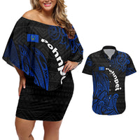 Pohnpei Federated States Of Micronesia Couples Matching Off Shoulder Short Dress and Hawaiian Shirt Polynesian Tribal Heritage Art With Blue Island Tattoo Patterns TS04 Black Blue - Polynesian Pride