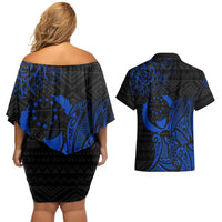 Pohnpei Federated States Of Micronesia Couples Matching Off Shoulder Short Dress and Hawaiian Shirt Polynesian Tribal Heritage Art With Blue Island Tattoo Patterns TS04 - Polynesian Pride
