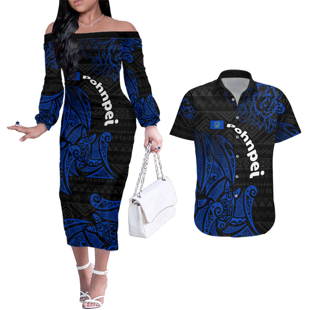 Pohnpei Federated States Of Micronesia Couples Matching Off The Shoulder Long Sleeve Dress and Hawaiian Shirt Polynesian Tribal Heritage Art With Blue Island Tattoo Patterns TS04 Black Blue - Polynesian Pride