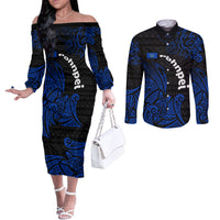 Pohnpei Federated States Of Micronesia Couples Matching Off The Shoulder Long Sleeve Dress and Long Sleeve Button Shirt Polynesian Tribal Heritage Art With Blue Island Tattoo Patterns TS04 Black Blue - Polynesian Pride