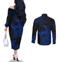 Pohnpei Federated States Of Micronesia Couples Matching Off The Shoulder Long Sleeve Dress and Long Sleeve Button Shirt Polynesian Tribal Heritage Art With Blue Island Tattoo Patterns TS04 - Polynesian Pride