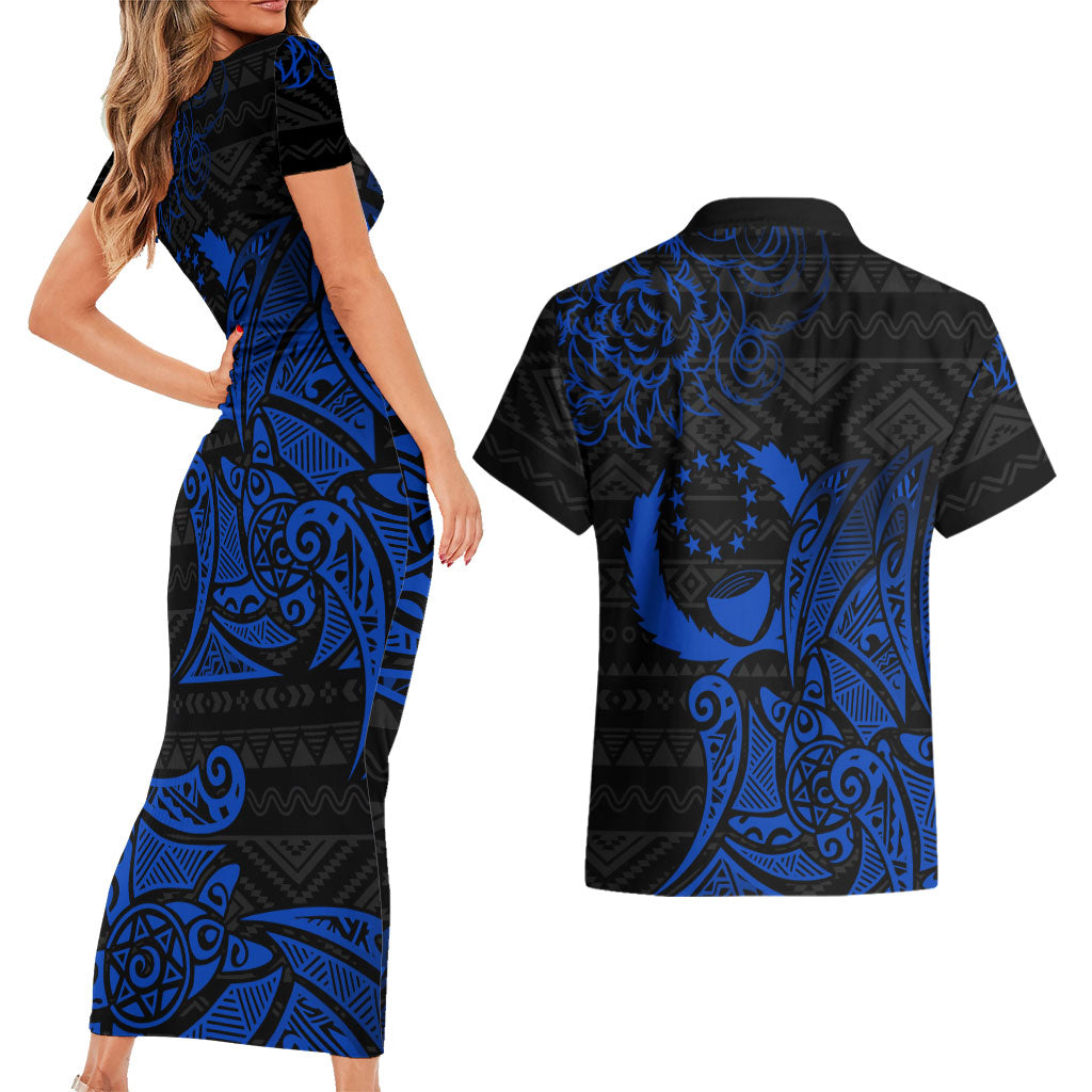 Pohnpei Federated States Of Micronesia Couples Matching Short Sleeve Bodycon Dress and Hawaiian Shirt Polynesian Tribal Heritage Art With Blue Island Tattoo Patterns