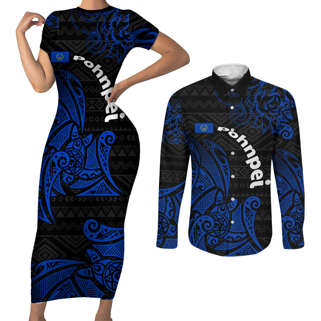 Pohnpei Federated States Of Micronesia Couples Matching Short Sleeve Bodycon Dress and Long Sleeve Button Shirt Polynesian Tribal Heritage Art With Blue Island Tattoo Patterns TS04 Black Blue - Polynesian Pride