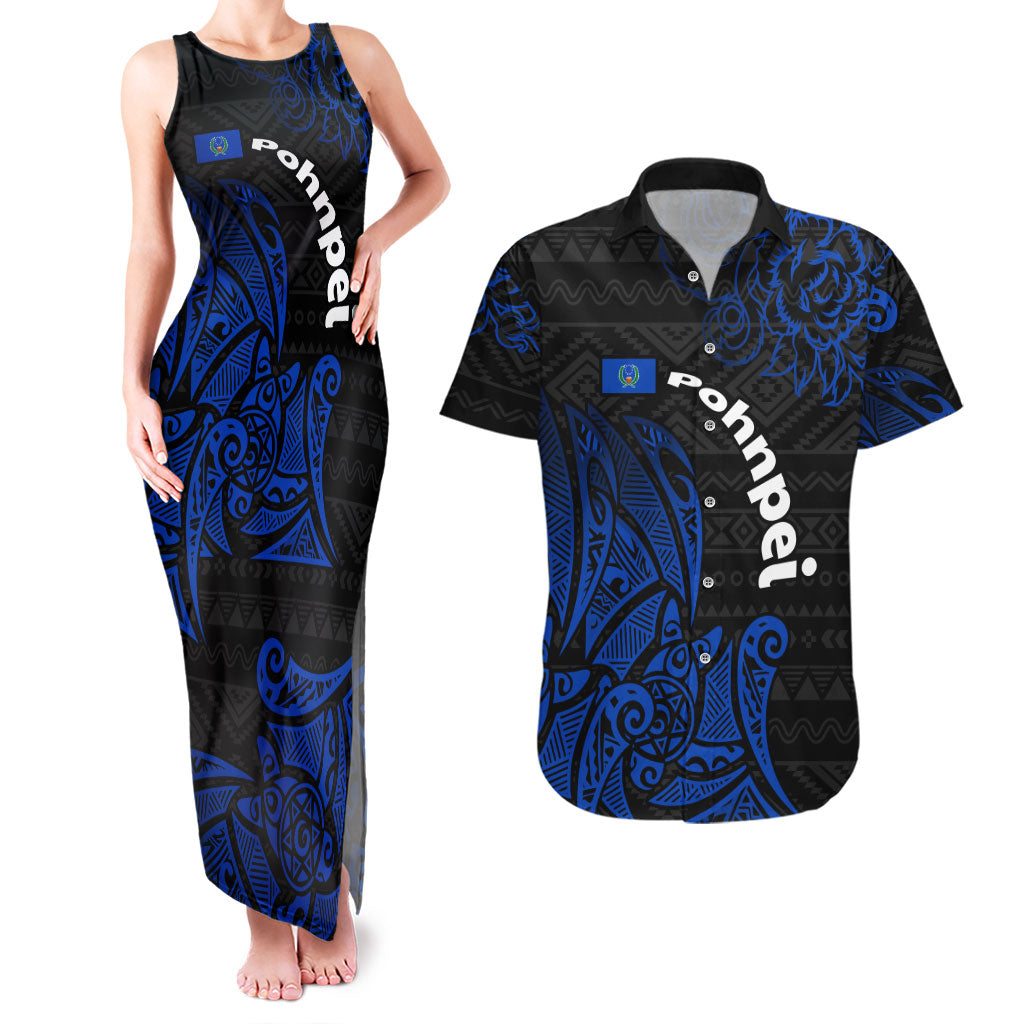 Pohnpei Federated States Of Micronesia Couples Matching Tank Maxi Dress and Hawaiian Shirt Polynesian Tribal Heritage Art With Blue Island Tattoo Patterns TS04 Black Blue - Polynesian Pride