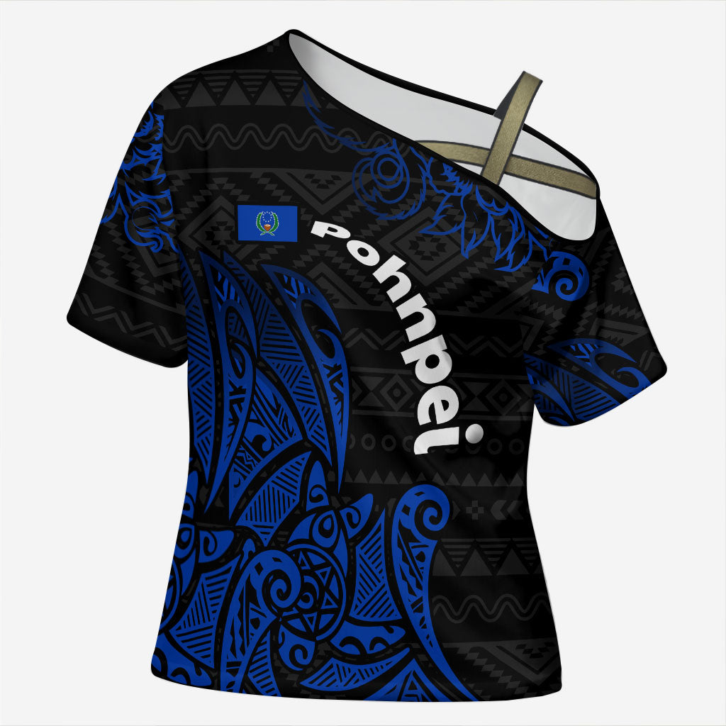 Pohnpei Federated States Of Micronesia Cross Shoulder Shirt Polynesian Tribal Heritage Art With Blue Island Tattoo Patterns TS04 Female Black Blue - Polynesian Pride