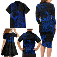 Pohnpei Federated States Of Micronesia Family Matching Long Sleeve Bodycon Dress and Hawaiian Shirt Polynesian Tribal Heritage Art With Blue Island Tattoo Patterns TS04 - Polynesian Pride