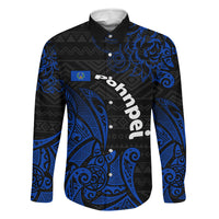 Pohnpei Federated States Of Micronesia Family Matching Long Sleeve Bodycon Dress and Hawaiian Shirt Polynesian Tribal Heritage Art With Blue Island Tattoo Patterns TS04 Dad's Shirt - Long Sleeve Black Blue - Polynesian Pride